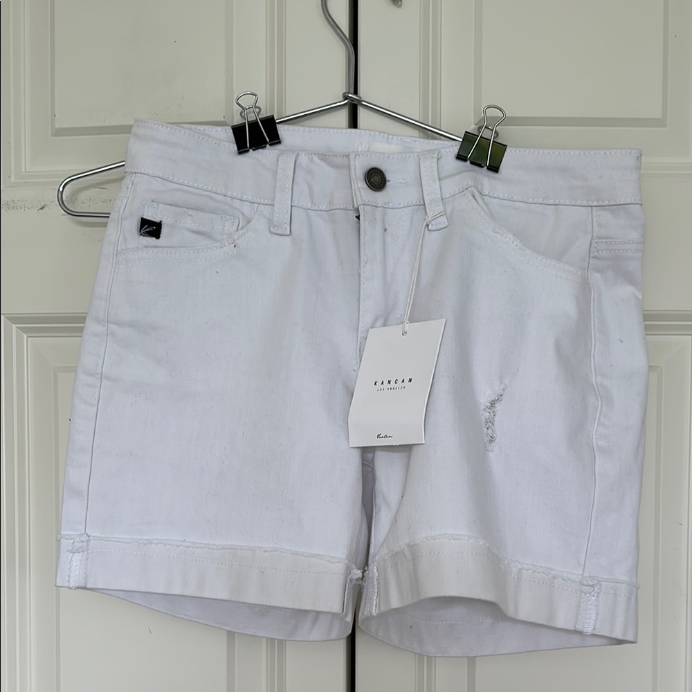 KANCAN white shorts modesty distressed sewn cuff mid rise Zip front NWT - Picture 1 of 9
